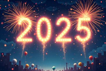A vibrant image celebrating the arrival of 2025, featuring illuminated numbers against a backdrop of sparkling fireworks and a cityscape.