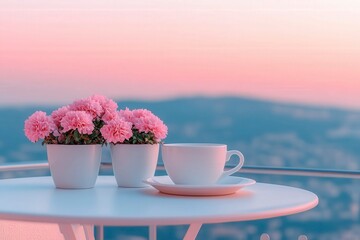 Pink Flowers and White Cup on a Balcony Table