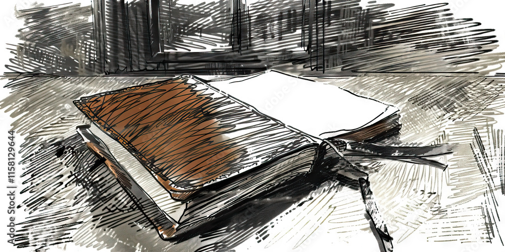 Poster sketch of open book on table near window