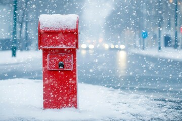 Red Mailbox in Winter Snowy Scene