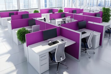 Modern office workspace with purple dividers. Ideal for showcasing productivity, teamwork, and modern office design.