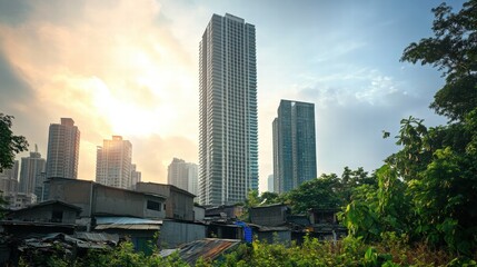 Fototapeta premium Luxury skyscraper juxtaposed with rundown shacks in an urban landscape at sunset. Generative AI