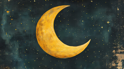 A stunning crescent moon in vibrant yellow against a starry night sky, perfect for celestial and astral themed projects. Crescent. Illustration