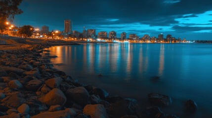 Urban Skyline at Night with High Contrast Lighting