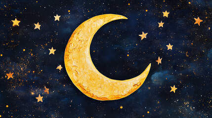 A stunning crescent moon in vibrant yellow against a starry night sky, perfect for celestial and astral themed projects. Crescent. Illustration