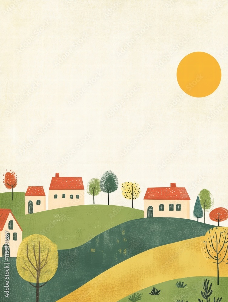 Poster charming naive art style landscape featuring colorful houses and vibrant trees under a sunny sky wit