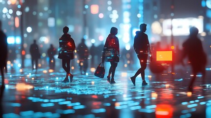 Vibrant city scene with silhouettes of people.