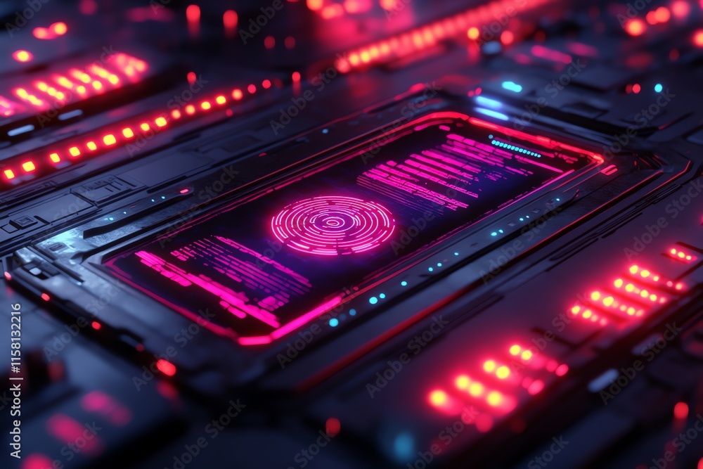 Poster A futuristic digital interface with glowing elements and data displays.