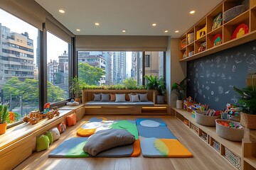 Modern playroom with city view, colorful mats, and wooden furniture.