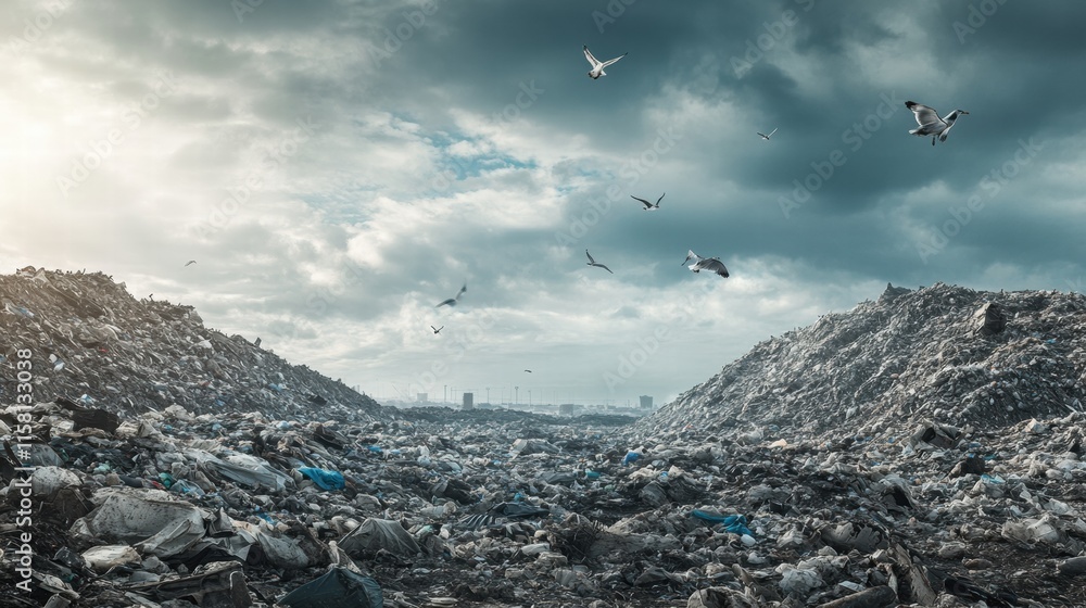 Poster Seagulls soaring above a vast landfill under a cloudy sky with ample space for text. Generative AI