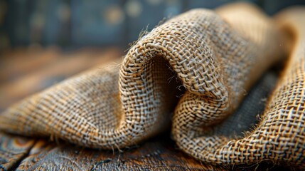 Fototapeta premium Close-up of rustic burlap fabric texture on wooden surface.