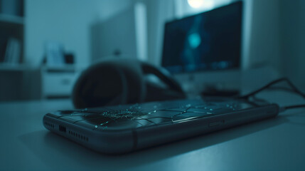 Close-up of a cracked smartphone screen with glitching digital interface, symbolizing technology malfunction, on a minimalistic desk. Concept of digital failure, device damage, and modern tech issues