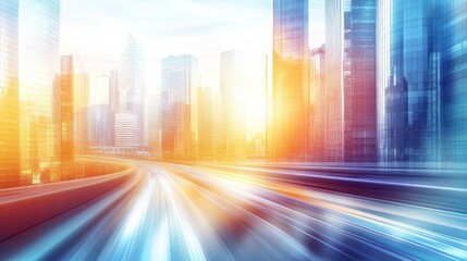 Obraz premium Dynamic cityscape with vibrant light trails.