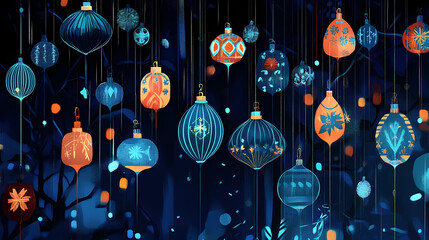 Vibrant christmas decorations glimmer against a dark backdrop, showcasing the festive spirit with shimmering blue accents. Glimmer. Illustration