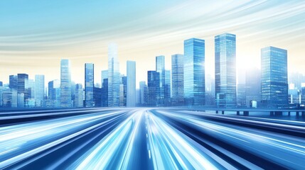 Futuristic city skyline with dynamic light trails.