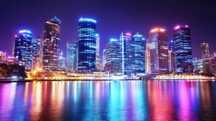 Vibrant Urban Skyline at Night with Bright Lighting