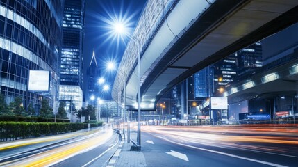 Naklejka premium Illuminated cityscape with busy traffic at night.