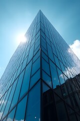Office building wall reflects blue light, very low angle of view
