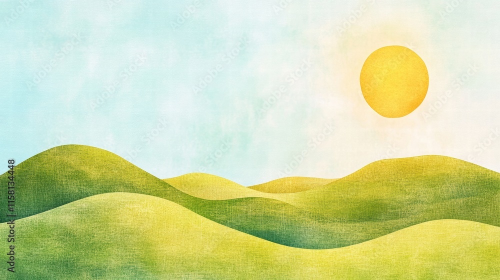 Poster naive art style landscape with sun shining over rolling green hills and soft blue sky, perfect for t