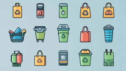 Collection of Colorful Recycling Symbols and Containers Featuring Bin, Basket, Bags, and Bottles in a Modern Flat Design on a Soft Blue Background
