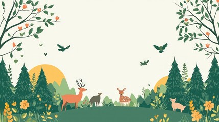 Whimsical Forest Scene Featuring Deer, Fox, and Birds Surrounded by Lush Green Trees and Vibrant Floral Elements in a Peaceful Nature Setting