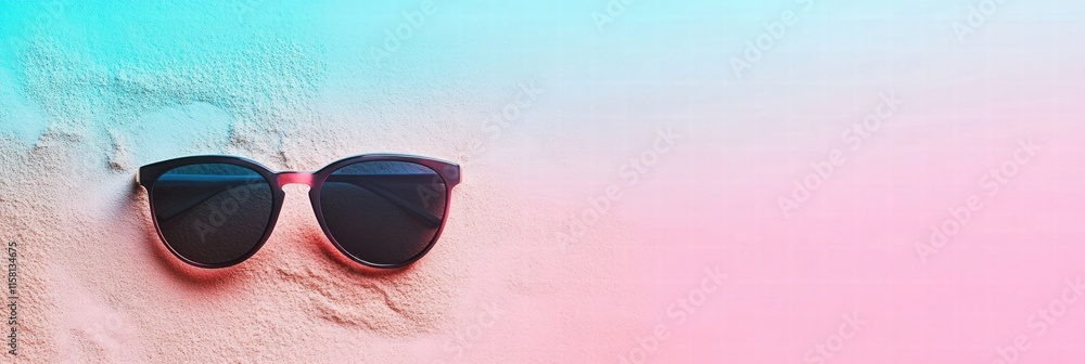 Poster Stylish sunglasses resting on sandy beach with colorful gradient background ready for summer vibes. Generative AI