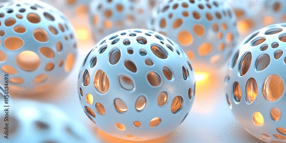 Aufkleber Abstract representation of spherical structures with perforations and glowing interiors.