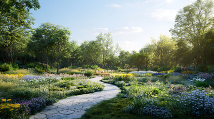 winding stone path cuts through vibrant sunlit garden, serene scene of natural beauty