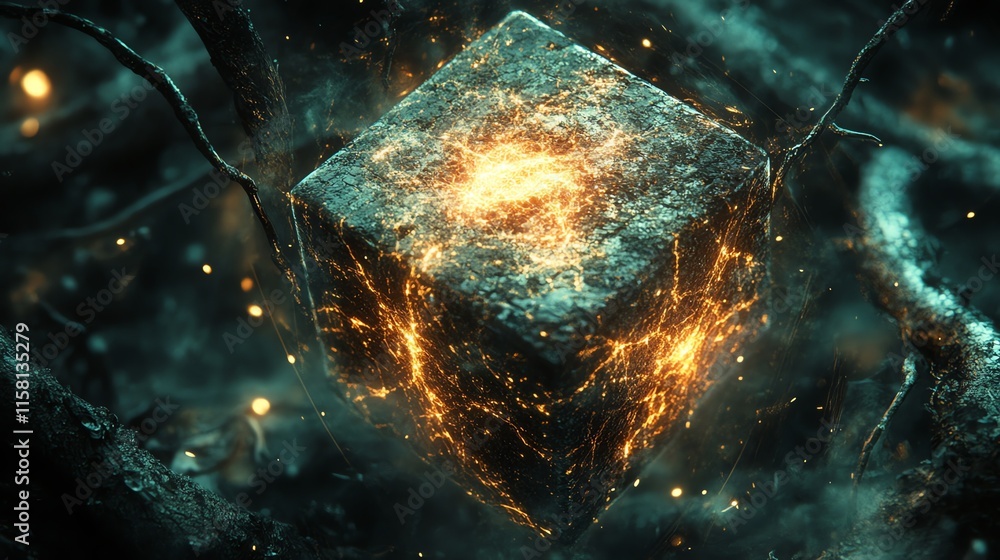 Aufkleber A glowing cube surrounded by ethereal elements in a mystical environment.