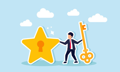 A businessman holding a key standing next to a star with a keyhole, illustration of a solution to improve business quality