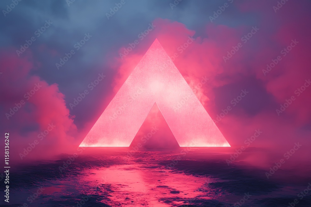 Poster a glowing pink triangular shape emerges from a misty landscape, creating a surreal atmosphere.