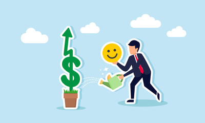 A businessman holding a happy emoticon watering dollar plants, illustration of how market attention can boost company financial growth