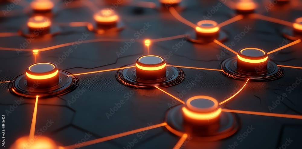 Aufkleber a close-up of interconnected nodes with glowing orange accents on a dark surface.