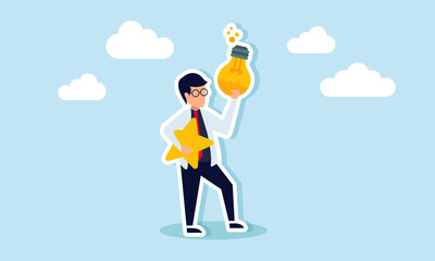 A Businessman like professor holding a star and a compound liquid inside a lamp, illustration of formulas in business ideas and innovations to improve product quality and performance