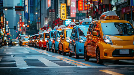 Vibrant Network of Electric Taxis Lighting Up a Busy City Street with Multicolored Vibe.
