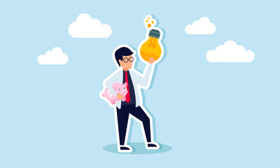 A Businessman like professor holding a piggy bank and a compound liquid inside a lamp, illustration of formulas in business ideas and innovations to boost profit and revenue