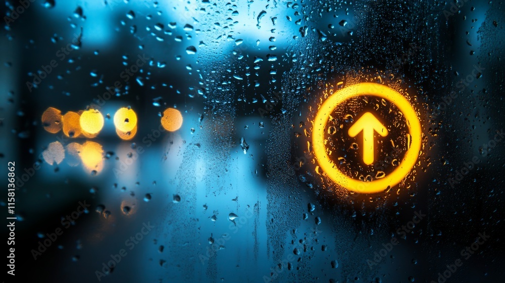 Poster raindrops on glass with up arrow icon illuminated by city lights, creating a beautiful urban evening
