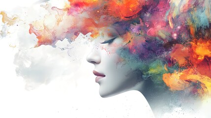 Woman's face profile surrounded by vibrant, colorful abstract paint splashes.