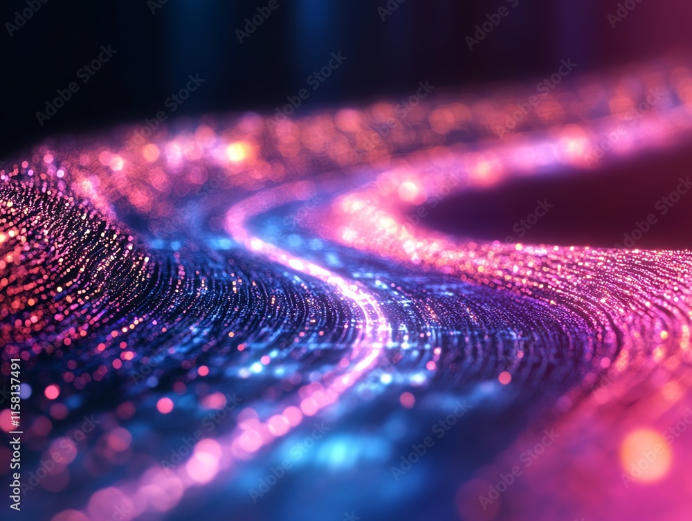 Poster a vibrant, abstract representation of flowing light and particles in a digital landscape.