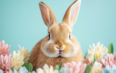 Obraz premium close up of fluffy bunny surrounded by colorful flowers against pastel blue background
