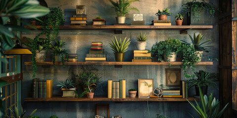 Indoor Shelving Display with Books and Potted Plants