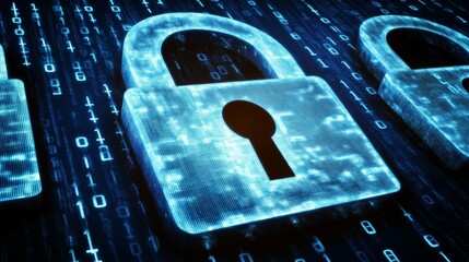 Futuristic digital padlocks against a backdrop of binary code, symbolizing cybersecurity, privacy protection, and data encryption in a connected world.