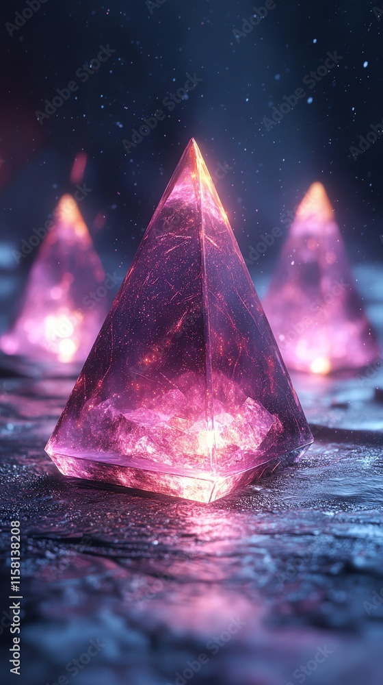 Poster a serene scene featuring glowing purple pyramids on a reflective surface.