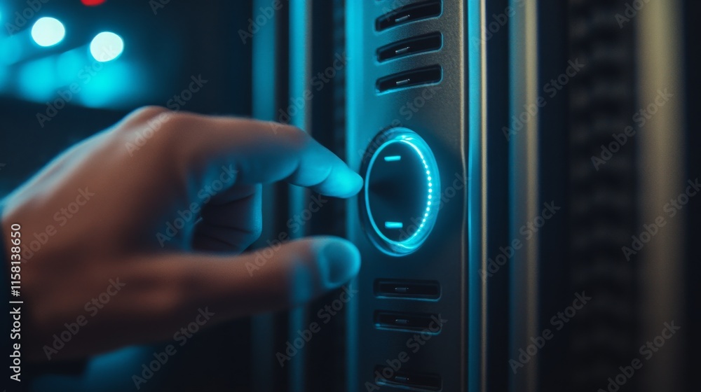 Aufkleber close-up of a hand adjusting a modern server control dial in a high-tech data center with stylish bl