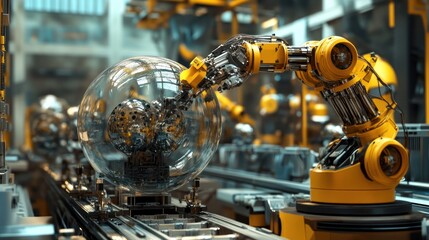 Fototapeta premium Factory robots working in harmony to produce stock balls, futuristic design 