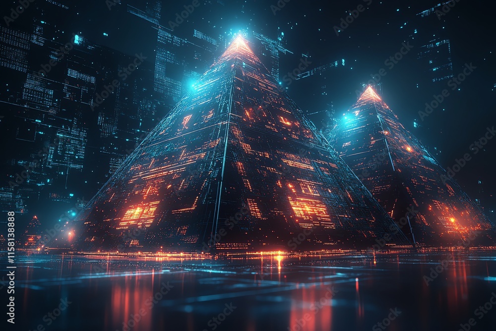 Aufkleber futuristic pyramids with glowing circuitry in a digital landscape.