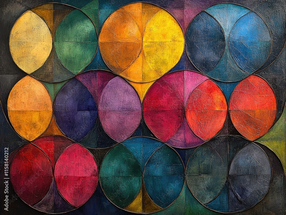 Poster abstract painting with overlapping circles in vibrant colors. ideal for projects needing bold, artis