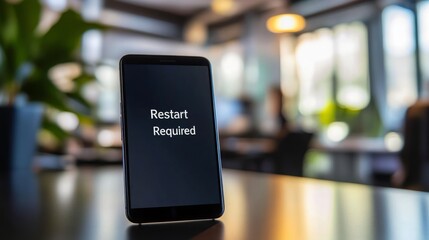 Smartphone Displaying Message to Restart Required with Blurred Office Background and Soft Lighting in Modern Workspace Setting
