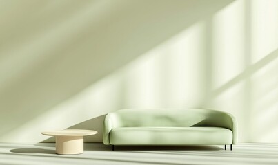 Modern Minimalist Interior with Green Sofa and Coffee Table