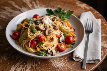 Delicious Vegetable Spaghetti Dish with Fresh Tomatoes and Parmesan Topping